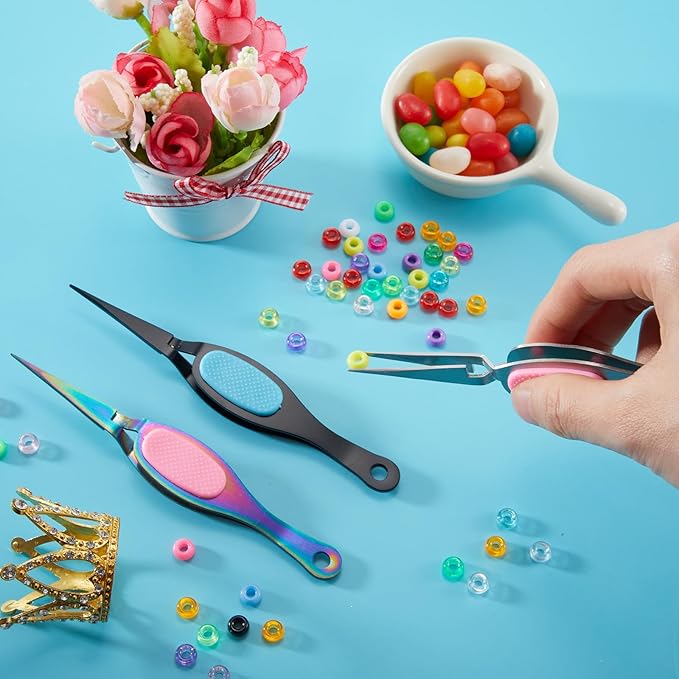 Mudder 3 Pcs Reverse Tweezers Craft Crossing Lock Tweezers Reverse Grip Precision Curved Bent Straight Fine Tip for Craft Jewelry Beading Electronic Laboratory Work (Straight Tip)