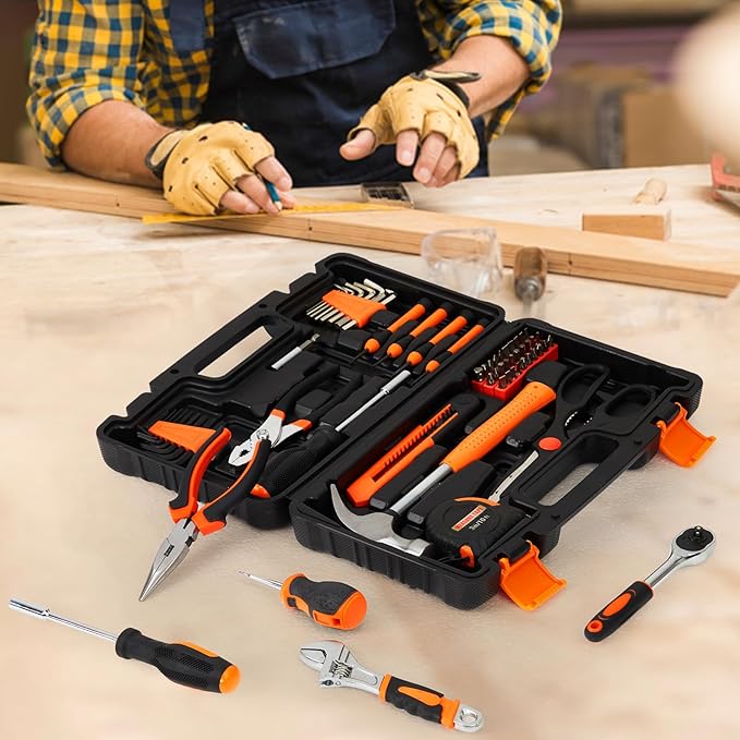 PioneerWorks Portable Small Tool Kit, 57 Piece General Household Hand Kit, Tool Set with Plastic Toolbox Storage Case Blue for Home Maintenance