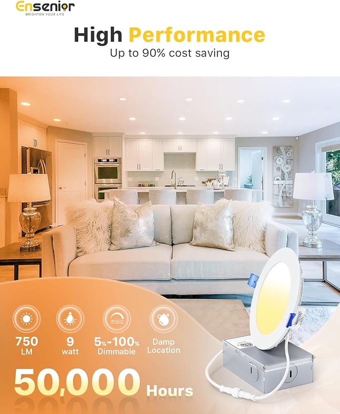 Ensenior 36 Pack 4 Inch LED Recessed Light, Dimmable, 2700K-5000K 5CCT, 750LM High Brightness, 9W 120V, Damp Rated, Ultra-Thin Canless Wafer Ceiling Light - ETL & FCC & IC