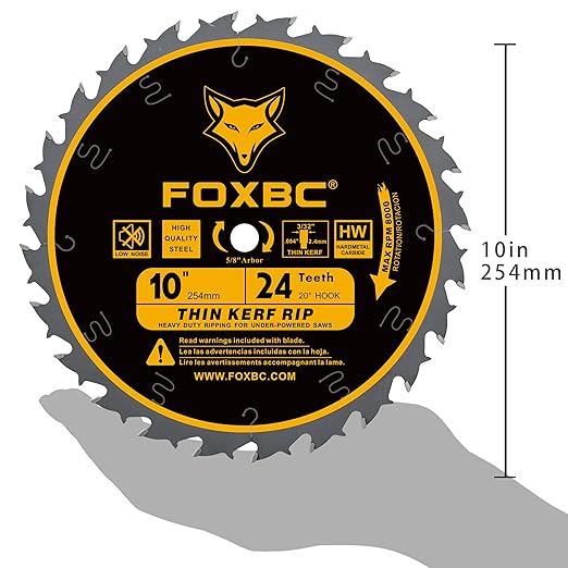 FOXBC 10-Inch Thin Kerf Ripping Table Saw Blade for Wood Cutting, 24-Tooth FTG, 5/8-Inch Arbor