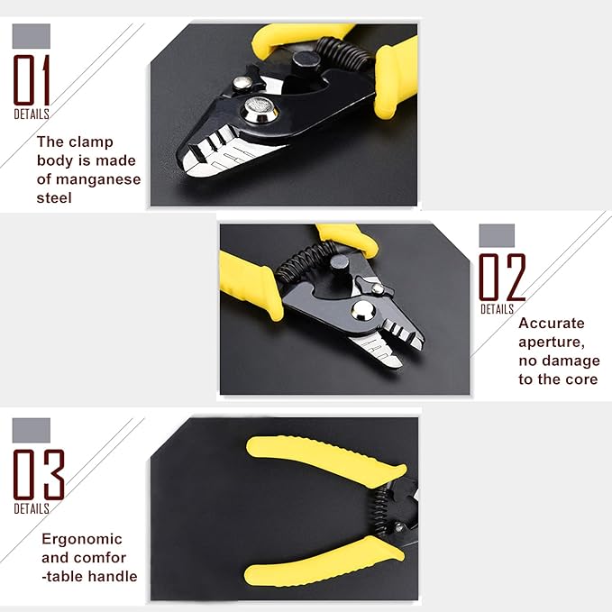 groword 6" Fiber Optic Stripper 3 Hole,Precision Wire Cutter/Wire Stripper for Installers and Electricians,Safe짭 Hurt nm Cable Wire Fiber Strippers with Small Adjustment Wrench