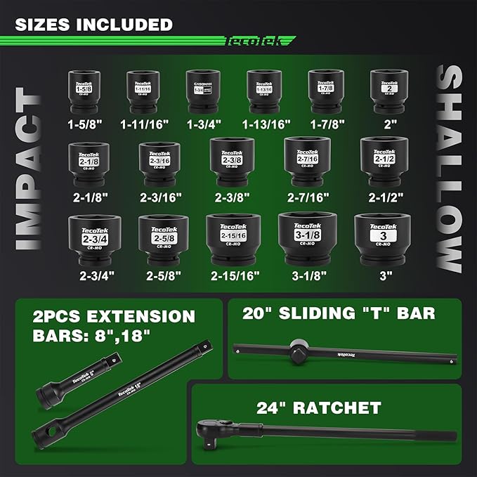1" Drive Jumbo Shallow Impact Socket Set, 21-Piece Jumbo Assortment, SAE, 1-5/8 Inch to 3-1/8 Inch, CR-MO Steel, Ratchet, Extension Bar and Metal Case