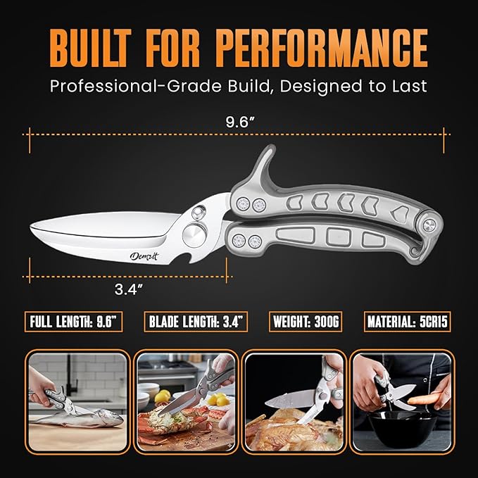 Poultry Shears, Kitchen Shears Heavy Duty for Food With Anti-Slip Handle & Safety Lock, Meat Scissors, Chicken, Lobster, Quail, Fish, Food Cutting Scissors, Bone Cutter - Spring Loaded