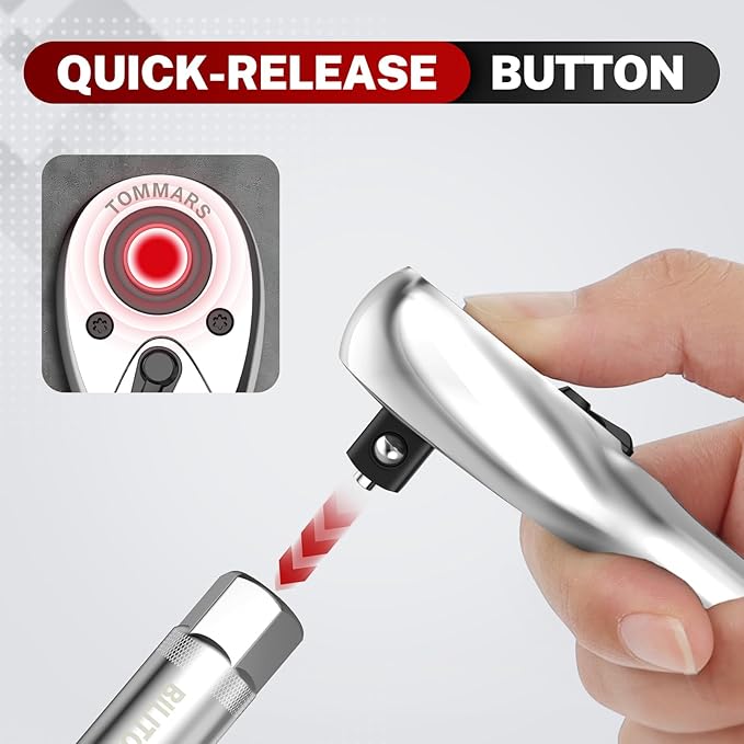 TOMMARS 1/2" Drive Ratchet Socket Wrench, 72-Tooth Quick-Release Socket Ratchet Wrench Reversible, Gifts for Men Mechanic Hand Tools
