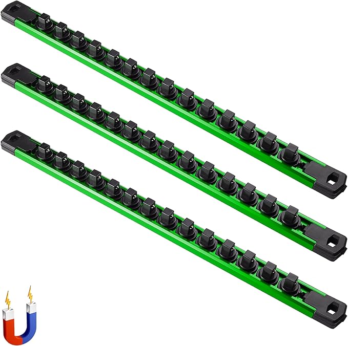 ALOANES 3-Piece Magnetic Socket Organizer, Heavy Duty Aluminum Socket Rails Organizer, 360째 Swivel Clips Socket Rail Set For Sockets Storage, 3/8-Inch Socket Holder x 42 Clips (Green)