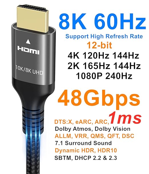 10K 8K 4K HDMI Cable 48Gbps 25 FT, Certified Ultra High Speed HDMI짰 Cable 4K 240Hz 144Hz 120Hz 8K60Hz 0.01ms HDR10+ eARC HDCP2.3 Netflix Roku TV PC Monitor Projector PS5 Xbox