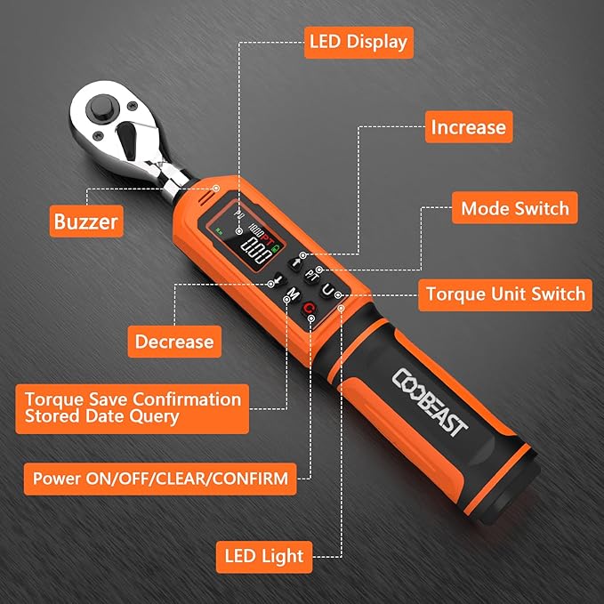 coobeast Digital Torque Wrench, 3/8 Drive Electronic Torque Wrench Set with Preset Value(0.66-44.29 Ft-lbs./0.9-60Nm), Buzzer and LED Flash Five Units of Measure Torque Wrench for Bicycle, Bike