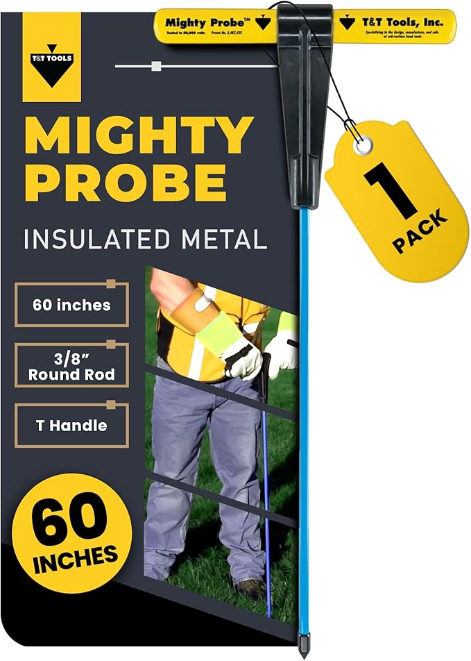 T&T Tools 60-Inch Mighty Probe Insulated Metal Soil Probe ??3/8" Metal Round Rod, Heavy Duty Design for Easy Penetration & Withdrawal, Soil Testing & Landscaping Tools, T-Handle, USA-Made-1 Pack