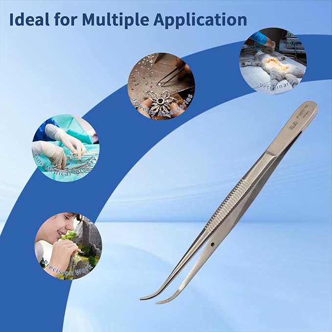 RWD Dressing Forceps 5", Martensitic Stainless Steel Medical Tweezers, 1.2mm Width Serrated Curved Tip, Micro Forceps Tweezer, Surgical Tweezer for High-Precision Handling (F12011-13)