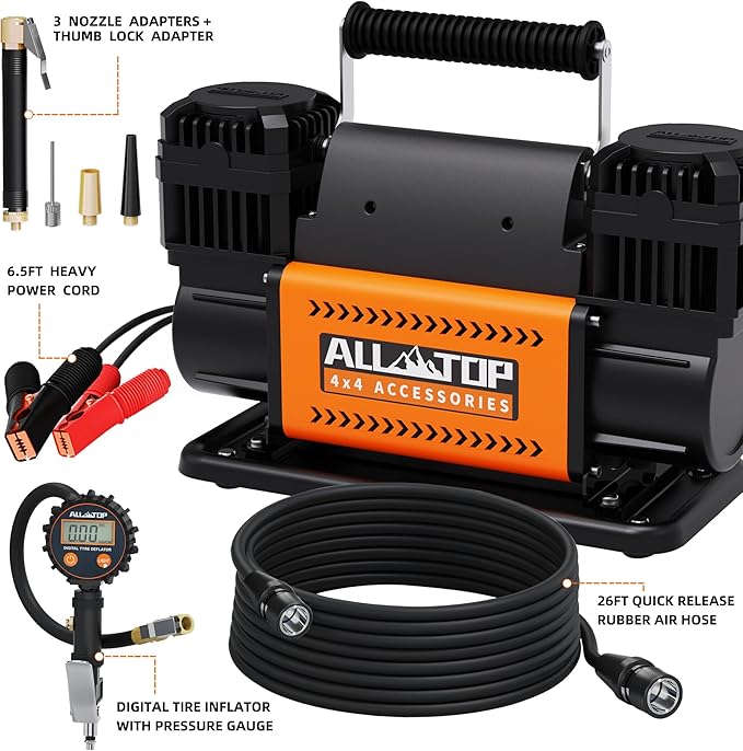 ALL-TOP Dual Cylinder Air Compressor with Digital Pressure Gauge Tire Inflator Kit, 12V Portable Inflator 12.35ft쨀/Min, Offroad Air Pump for Truck Tires, Heavy Duty Max 150 PSI for 4x4 Vehicle & RV