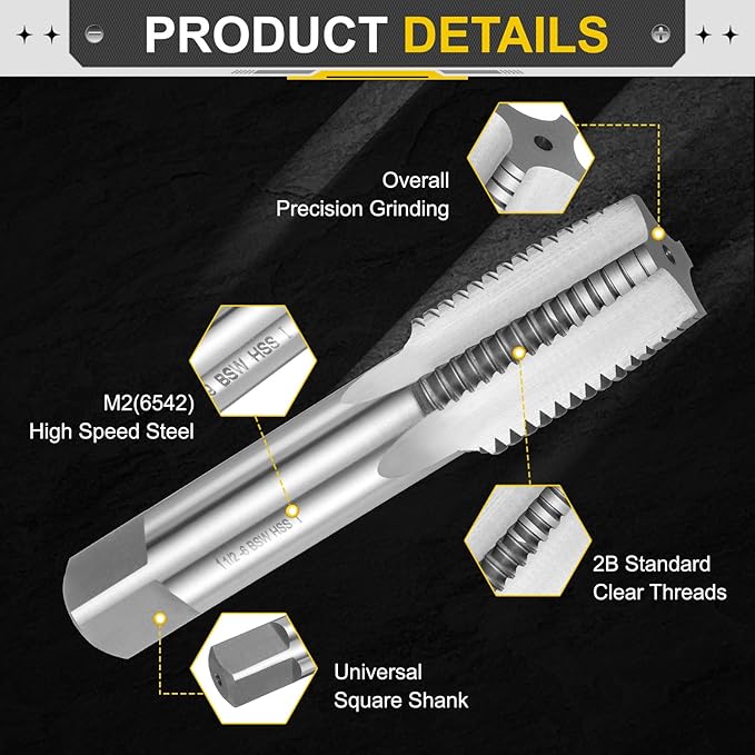 uxcell Hand Taper Tap 1-1/2"-6 BSW Thread Taper Style Taps Straight Flute Screw Tapping Threading Tool High Speed Steel HSS6542