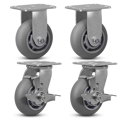5" x 2" Thermoplastic Rubber Wheels (Crown Tread)- Set of 4 Heavy Duty Casters- 1600 LB Capacity- No Noise Plate Caster for Furniture Platform Trucks Workbench (2 Brake & 2 Rigid)