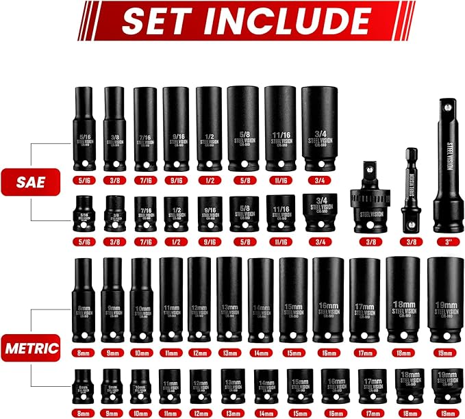 43?멠c 3/8??Impact Socket Set ??SAE & Metric (5/16??/4?? 8??9?칖m), 6?멠oint Deep & Shallow Sockets, Chrome?멝oly Steel, Includes Adapter, Extension, Universal Joint ??Black Phosphate, Laser?멐tched