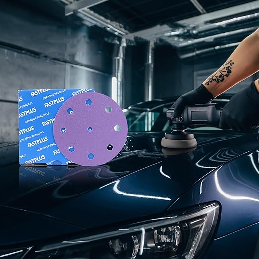 5 Inch 9 Hole Sanding Discs Purple Sanding Disc 80/120/150/180/220 Grit Ceramic Sanding Discs, Heavy-Duty Hook and Loop Film Discs Sandpaper for Random Orbital Sanders, 50 Pack