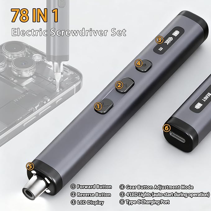 Electric Screwdriver Set, 78 in 1 Power Screwdriver, Precision Screwdriver Set, 5 Torque Modes with 72 Magnetic Precision Bits, Screwdriver it for Phone Camera Computer Watch Laptop Drones