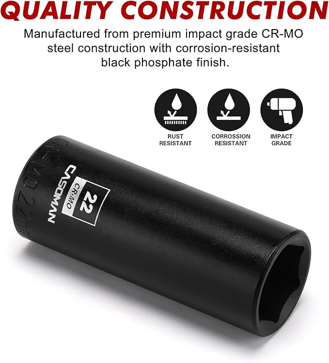CASOMAN 1/2-Inch Drive x 22mm Deep Impact Socket, 6-Point, Metric, CR-MO