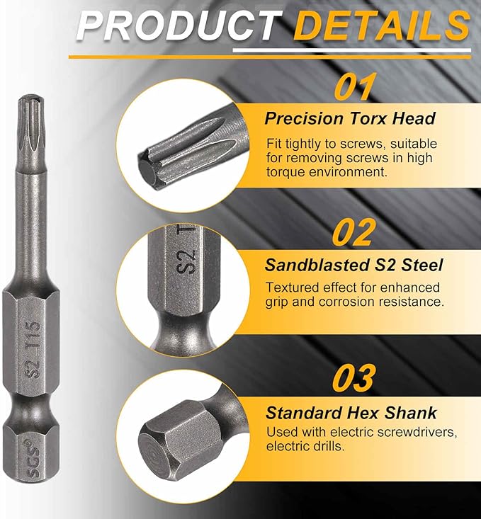 HARFINGTON 2pcs T15 Torx Head Screwdriver Bit 1/4" Hex Shank 2" (50mm) Long Magnetic No Hole Tip Tamper Proof 6 Point Star Screw Driver Drill Bits S2 Steel Industrial Power Screwdrivers