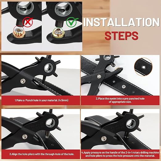 2 in 1 Leather Hole Punch, 3/16" 4.5mm Revolving Hole Puncher with Eyelet Tool Kit and Metal Eyelets for Leather, Belts, Watch Bands, Fabric, Plastic, DIY Handmade Production