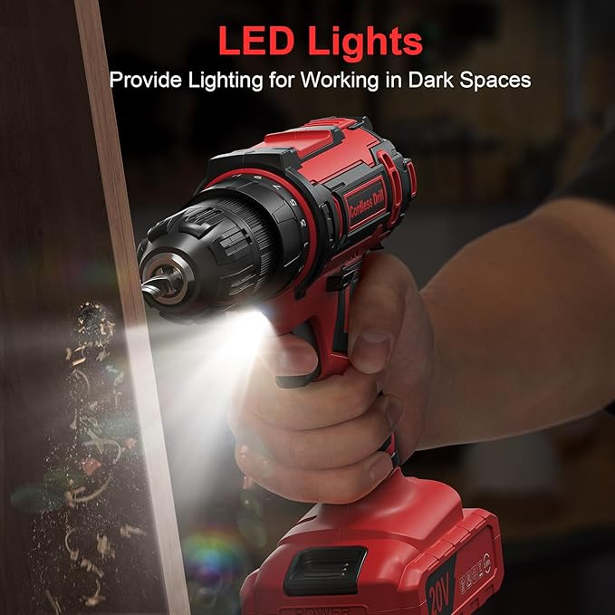 Cordless Drill Set, VIWKO 20V Power Drill with Power Pack 2.0Ah and Charger, 3/8-Inch Keyless Chuck Electricdrill, 25+1 Torque, 42pcs Drilldriver Bits/Screws for DIY Projects (Red)