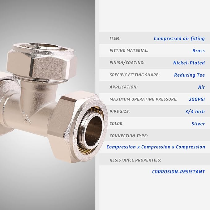 2PCS 3/4?쇺?Tee Air Piping Fittings, 3/4?쇺?Tubing x 3/4?쇺?Tubing x 3/4?쇺?Tubing, Brass-Nickel Plated, 200PSI Working Pressure, Air Line Fittings for Shop Garage Compressed Air Tube System