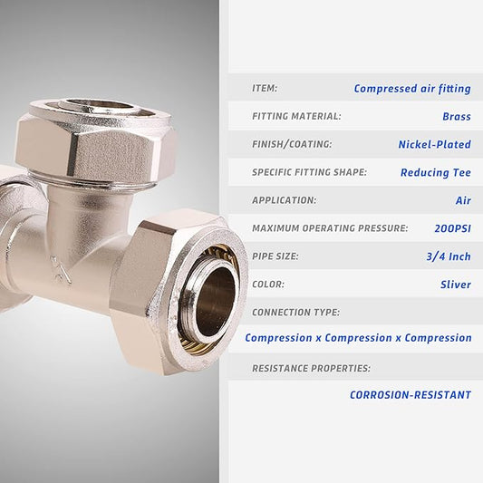2PCS 3/4?쇺?Tee Air Piping Fittings, 3/4?쇺?Tubing x 3/4?쇺?Tubing x 3/4?쇺?Tubing, Brass-Nickel Plated, 200PSI Working Pressure, Air Line Fittings for Shop Garage Compressed Air Tube System