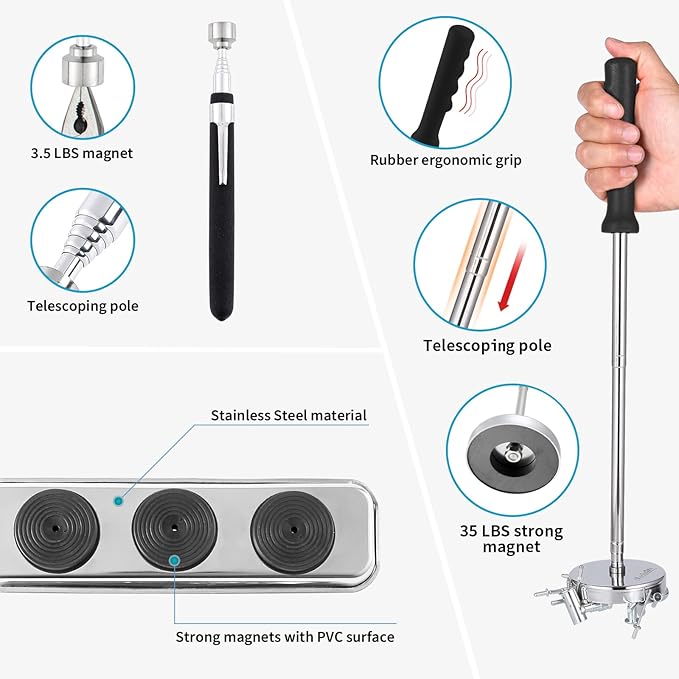 3PCS Magnetic Sweeper Telescoping Pick-up Tool, 35LB Screws Parts Finder, 3.5LB Magnet Stick, Rectangle Magnet Tray, For Pickup Nails, Metal Retrieving, Mechanic's Set