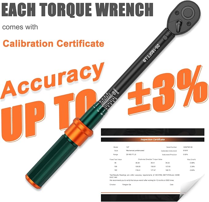 1/2-Inch Drive Torque Wrench, 20-180 Ft.Lb, 짹3% Accuracy, 72-Tooth Dual-Direction Adjustable Click Torque Wrench with Quick Release Ratchet for Bicycle, Motorcycle, Car Maintenance