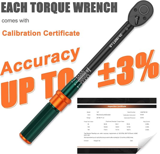 1/2-Inch Drive Torque Wrench, 20-180 Ft.Lb, 짹3% Accuracy, 72-Tooth Dual-Direction Adjustable Click Torque Wrench with Quick Release Ratchet for Bicycle, Motorcycle, Car Maintenance
