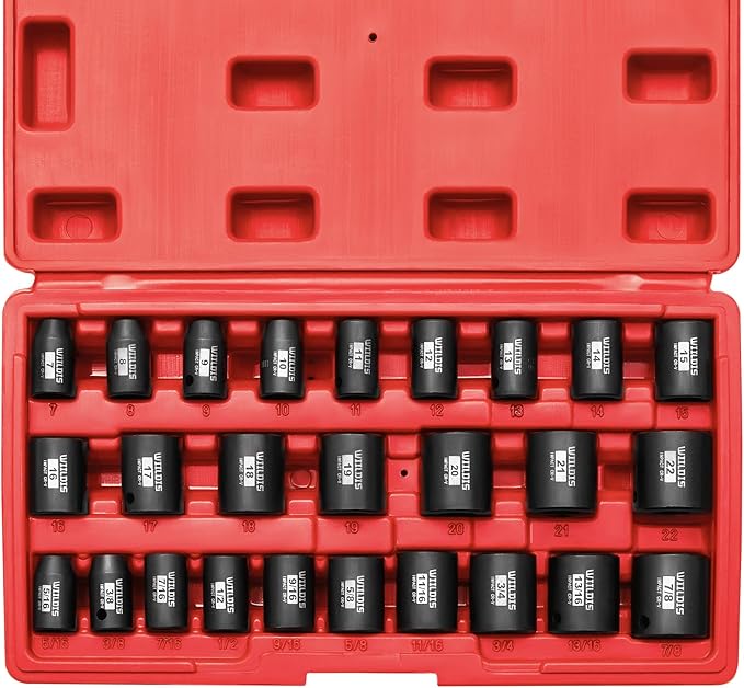 26 PCS 3/8" Drive SAE and Metric Impact Socket Set, SAE 5/16??to 7/8", Metric 7mm to 22mm, Premium Cr-V Steel, 6-Point Hex Designt,Cr-V Steel