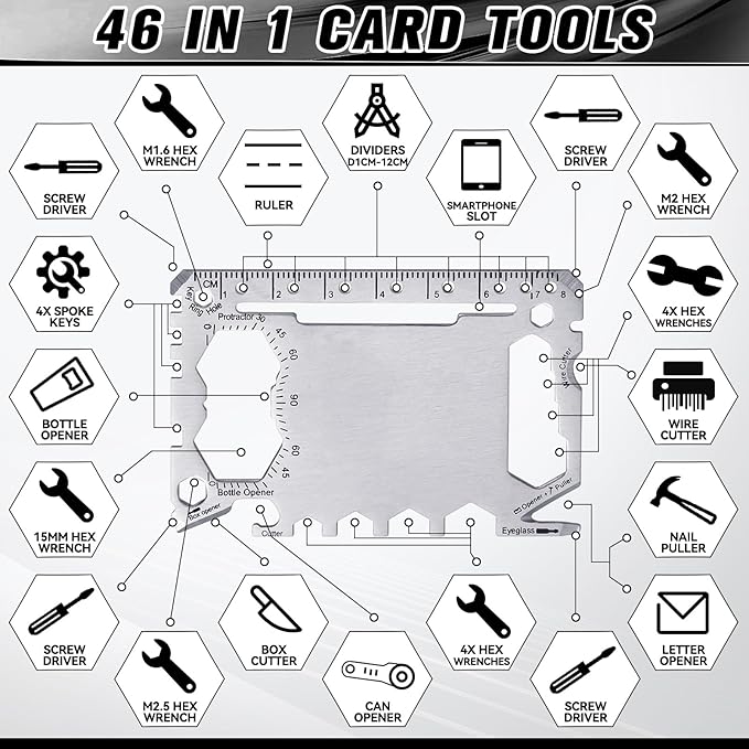 Cholemy 12 Pcs Credit Card Wallet Multitool 46 in 1 Metal Stainless Steel Survival Pocket Tool Multipurpose Bottle Opener Bulk for Men Christmas Stocking Stuffer Gift(Silver,Classic Style)