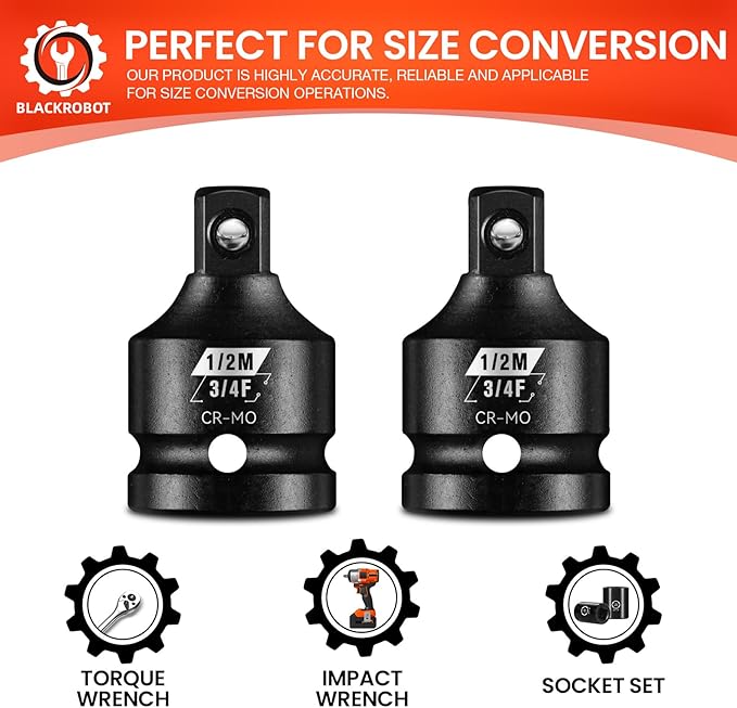 BLACKROBOT 2 Pieces 3/4??F To 1/2??M Impact Socket Adapter Set, SAE Drive Cr-Mo Steel Exceeds ANSI Standards, Square Drive Socket Reducer for Impact Driver Wrench