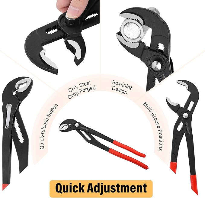 MAXPOWER 2 Pieces Tongue and Groove Pliers, 10 inch 12 inch Water Pump Pliers with 1.4" and 1.6" Jaw Capacity, Push Button Quick Adjust V Jaw Plier