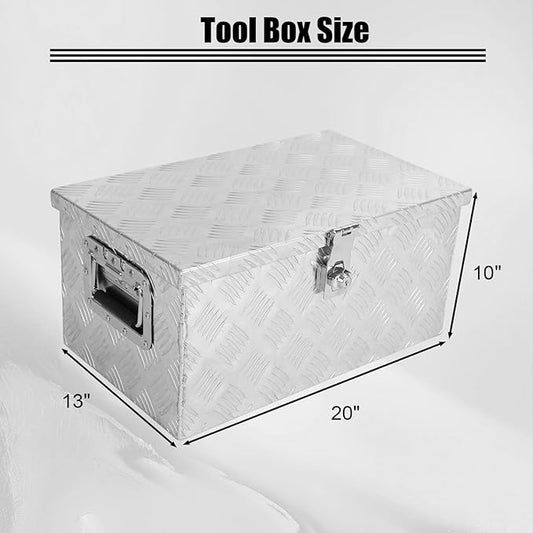 confote 20" Heavy Duty Aluminum Stripes Plated Tool Box Pick Up Truck Bed RV Trailer Toolbox Waterproof Square Storage Organizer with Side Handle, Lock with Keys -20"x 13"x 10"，Silver