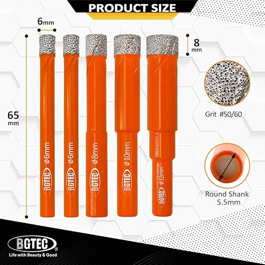 Dry Diamond Drill Bit Set,BGTEC 5pcs 6mm 6mm 8mm 10mm 12mm Hole Saw for Granite,Marble,Masonry, Concrete, Tile/Ceramic, Glass, Hard Plastic,Vacuum Brazed Diamond Core Drill Bit Kit
