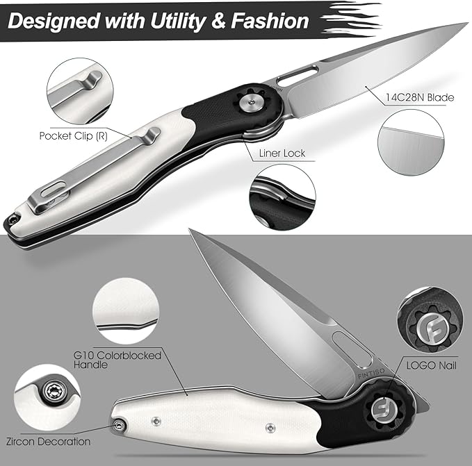 FINTISO Pocket Knife 3.5" Folding Knife Premium 14C28N Blade, Bicolour G10 Handle Design with Pocket Clip for Men Women, Small EDC Knife for Camping, Hunting, Hiking, Survival and Outdoor Activities, ROOK Series