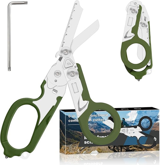 6 in 1 heavy-duty/trauma shears, Folding Retractable Emergency Shears, Outdoor Camping Tools, Seat Belt Cutter, Oxygen Cylinder Wrench, Complimentary Adjustable Wrench (army green)