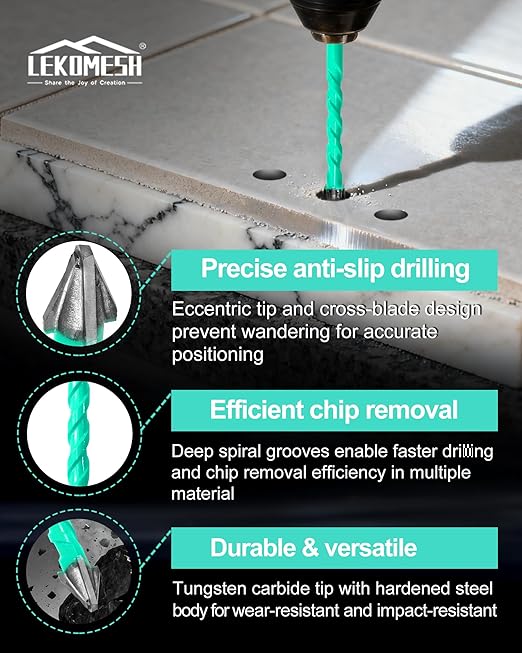 10PCS Nine Blades Serrated Carbide Masonry Drill Bit Set - 5pcs 1/4 Tile Bits & 3/16",1/4",5/16",3/8",1/2" Wood Drill Bits for Wood Plastic Masonry Brick Tile Glass Concrete Marble