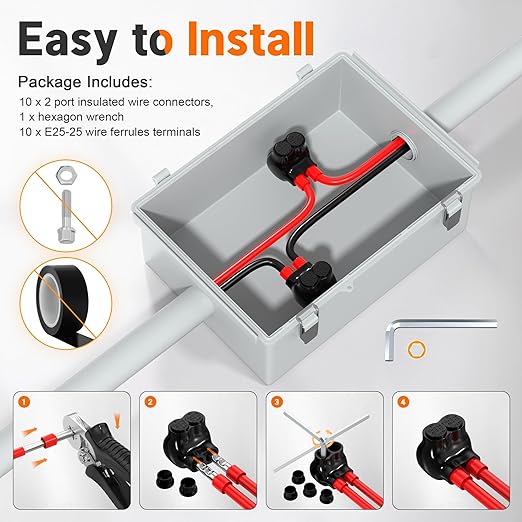 Joinfworld 2 Port Insulated Multi Tap Connector 2-14AWG Aluminum to Copper Wire Connectors Single Side Entry Aluminum Black Electrical Cable Connectors with Slotted Allen Hex - 10 Pack