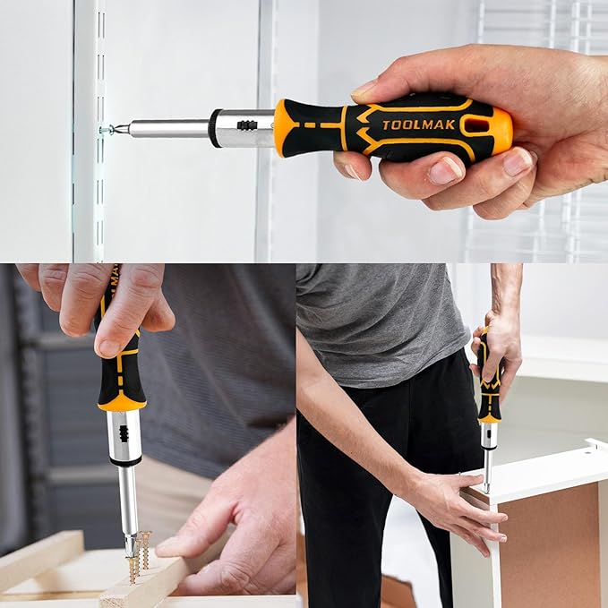 13-in-1 Ratcheting Screwdriver Set, Adjustable Multi-bit with Magnetic Tips (Flat, Phillips, Torx, Hex, Square, Nut Drivers), Cushion Grip Handle