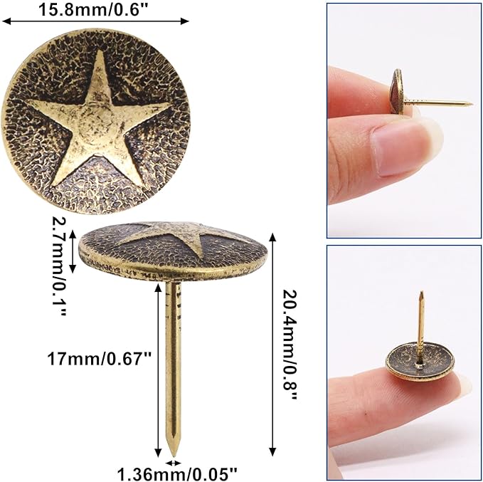 YuGtcen 100pcs Upholstery Tacks, Decorative Nails Thumb Tacks Round Metal Upholstery Nails for Wood Upholstery Pins Retro Furniture Tacks (16x20mm, Star Bronze)