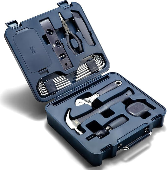 TINKR Modern Tool Box Workstation ??Full Tool Set with Hammer, Ratchet Screwdriver, Allen Keys, Wrench, Knife, Tape Measure, Level, Pliers & Phone Holder