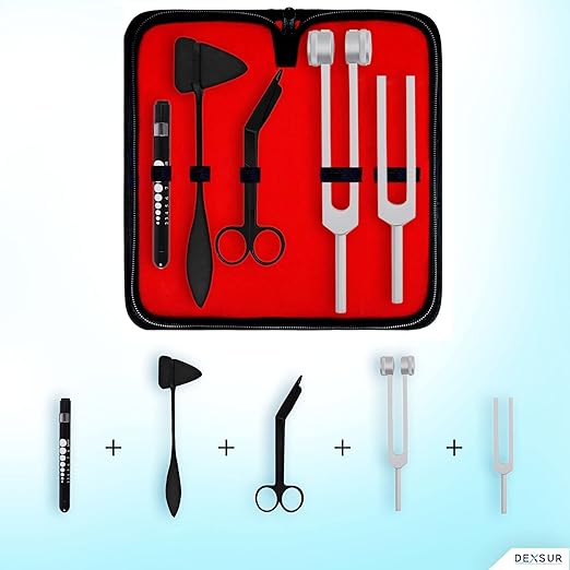 Diagnostics Kit - Percussion Taylor Reflex Hammer + C 128 & C 512 Tuning Forks + Bandage Scissors + Pupil Gauge Pen Light in Carrying Case - 6 Pieces Set - Black & Silver