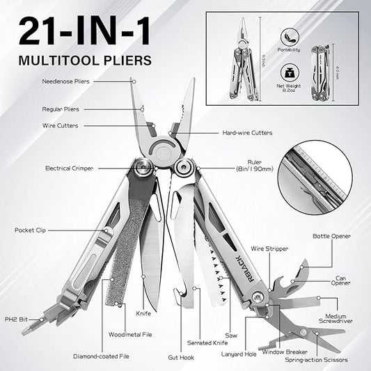 RBLACK Longeron21 EDC Multitool, 21-in-1 Heavy-duty Stainless Steel Finish Multi Tool Pliers with Safety Locking | Seat Belt Cutter - Men's Gift Set for DIY, Home, Garden & Outdoors