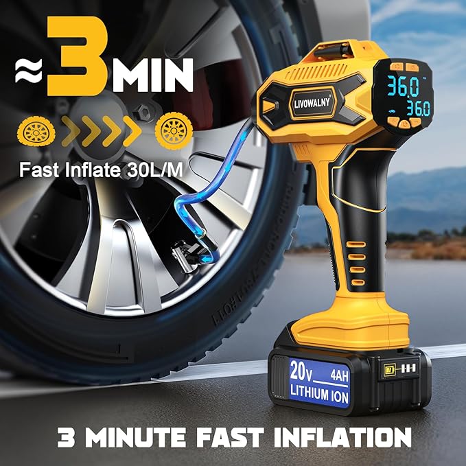 Tire Inflator Air Compressor Compatible With Dewalt 20V Battery, LIVOWALNY 160 PSI Cordless Portable Electric Air Pump with 4AH Baterry, Bigger LCD Digital Pressure Gauge for Car, Bike, Sport Ball