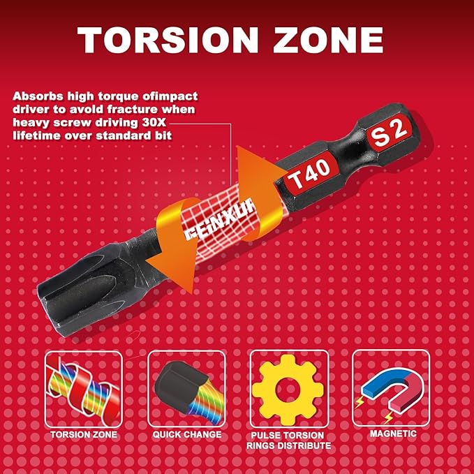 15 Pieces T40 Impact Tough Magnetic Screwdriver Bit Set, 2 In. #40 Torx Head Power Bit Set, S2 Alloy Steel T40 Star Bit Set