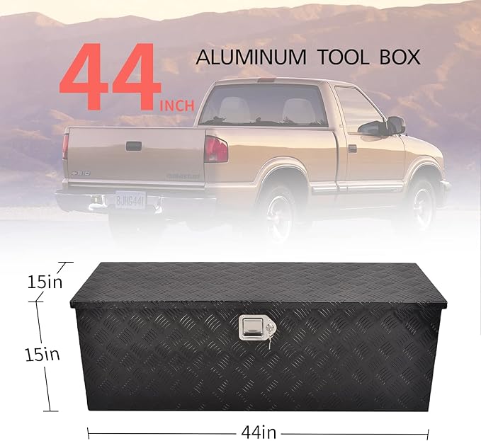 44 Inch Aluminum Truck Bed Tool Box, 5 Bar Tread Truck Tool Box with Lock&Keys, Heavy Duty Waterproof Flatbed tool box for Vans, Trailers, RVS竊똖rucks, Black(44"x15"x15")