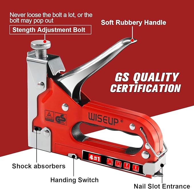Upholstery Staple Gun for Wood Heavy Duty with Staples,4 in 1 Manual Power Adjustment Brad Nail Stapler Gun for Wood,Craft,Wire,Cable,Fabric,Furniture,DIY (4 in 1 Basic kit)