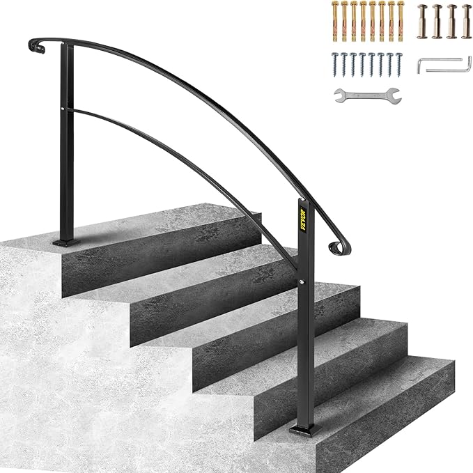 VEVOR Outdoor Steps Handrail, Black Arch#1 Adjustable Metal Staircase Railing for Porch & Deck