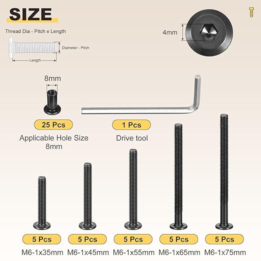 METALLIXITY Furniture Crib Screws Replacement Set with Wrench(M6-1x35/45/55/65/75mm) 50Pcs, Galvanization Connector Bolts M6 Screw Barrel Nuts Binding Screws, for Chair Cabinet Bed, Black