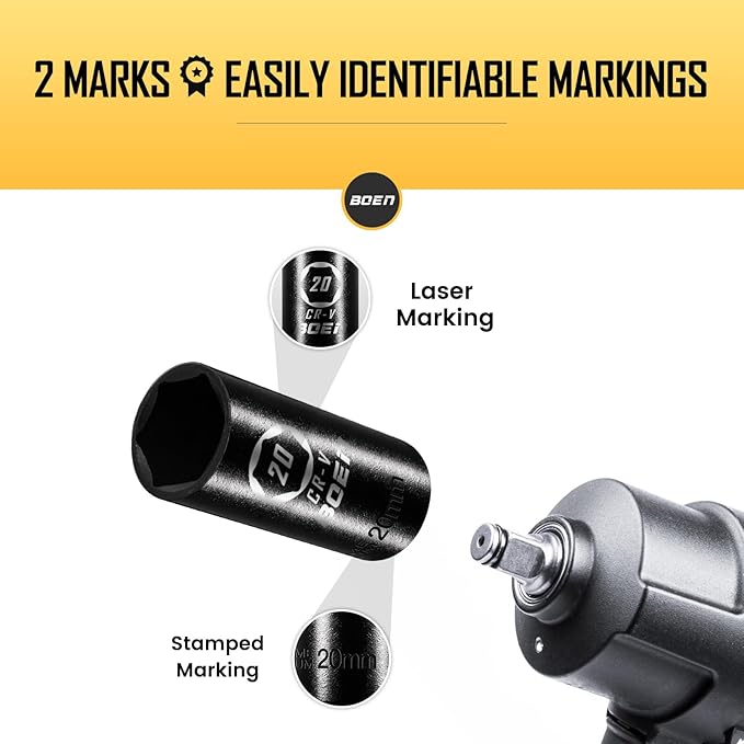 BOEN 1/2" Drive Deep Impact Sockets, Premium Impact Socket, 20mm Socket, Metric, 6 Point, Cr-V Steel with Laser Marking - Strong and Durable